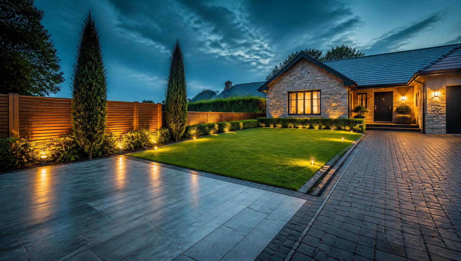 Porcelain patio, driveway and lawn at dusk